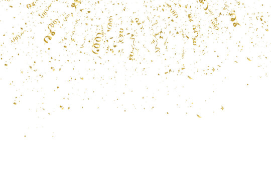 Vector 3D gold confetti and ribbon background PNG. Isolated celebration design element with golden streamers.