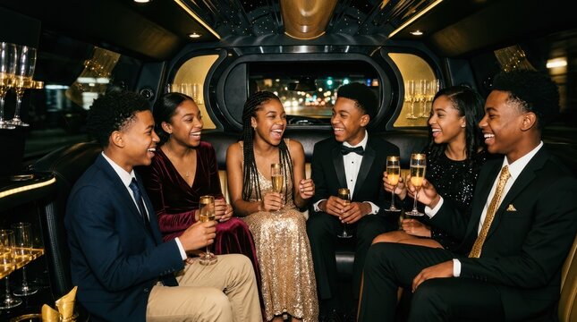 Young stylish friends celebrating with champagne inside a luxury limousine at night