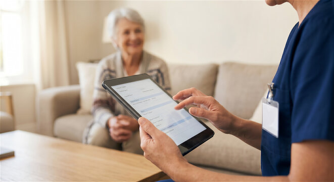 Nurse using tablet to record patient information during home healthcare visit. Senior woman in background, digital documentation, modern medical technology, remote care and patient data management.