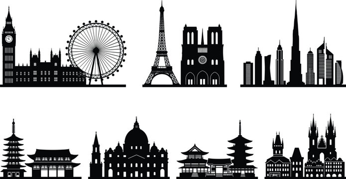 World Landmark Skyline Silhouette Collection with Historic Architecture and Urban Cityscape Vector Set for Travel Design
