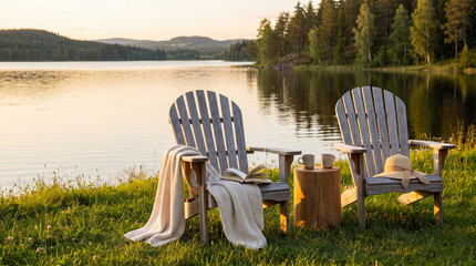 Fototapeta premium Two wooden chairs by a calm lake at sunset. Cozy seating with a blanket, book, and coffee cups on a tree stump table. Peaceful country holiday getaway in summer nature scenery.