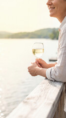Obraz premium Woman holding glass of white wine on wooden dock by lake. Female relaxing during country vacation at sunset. Peaceful lifestyle and summer leisure trip near water. Escape and tranquility.