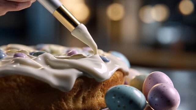 Decorating an Easter cake with creamy frosting and colorful candy eggs, showcasing a delightful baking moment filled with joy and celebration.