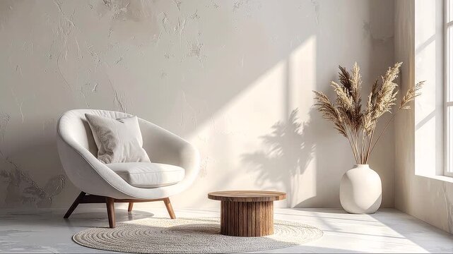 Minimalist interior with a plush white armchair and a fluted wooden coffee table on a woven rug. Sunlight streams through a window, and a tall vase with dried pampas grass completes the calm room