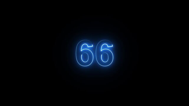 Animation of glowing neon cyan color number text animation . cyan , neon number 66 .neon color, neon lighting,66 percentage discount animated- 4k black background animation video