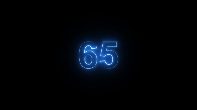 Animation of glowing neon cyan color number text animation . cyan , neon number 65 .neon color, neon lighting,65 percentage discount animated- 4k black background animation video