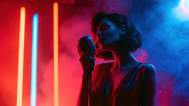 Singer performing with vintage microphone under dramatic neon lights and smoke