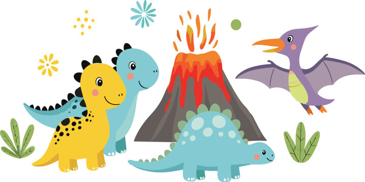 Cute dinosaur and volcano cartoon vector illustration featuring prehistoric reptiles erupting mountain and flying pterodactyl adventure scene for kids