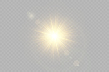 Obraz premium Realistic sun rays. Golden sun ray glow abstract shine light effect starburst beam sunshine glowing isolated element.