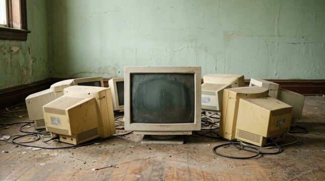 Old computer monitors lying on floor in abandoned room. Heap of obsolete technology and electronic waste. Concept of digital garbage, technological progress and outdated hardware debris.