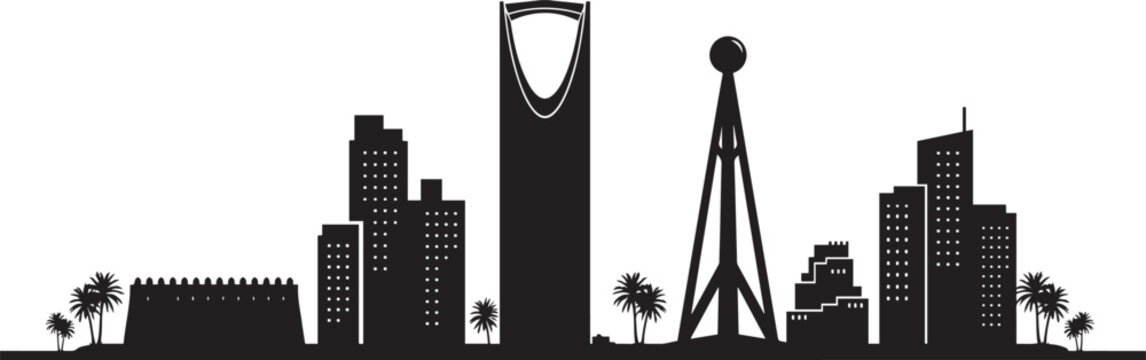 Riyadh skyline with Black buildings. Vector illustration. Business and tourism concept with skyscrapers. Image for presentation, banner. Vector Black silhouettes illustration