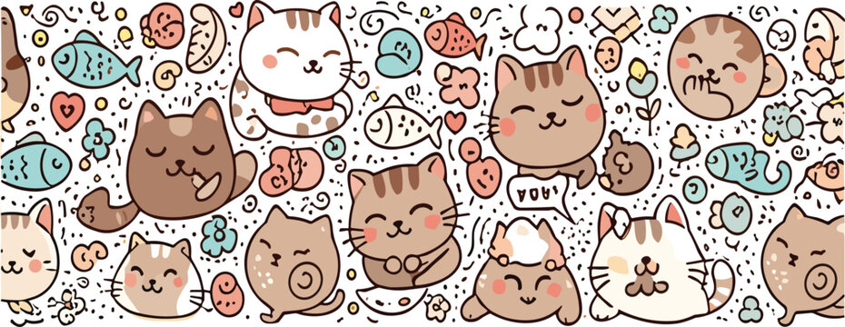 Cute Kawaii Cat Doodle Pattern Vector Illustration with Playful Kitty Characters Fish Hearts and Decorative Elements for Kids Design
