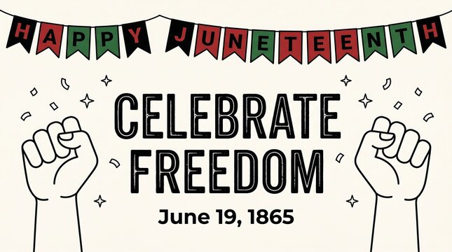 Juneteenth celebration banner with raised fists, Celebrate Freedom text on June 19 1865, festive bunting with red green and black flags