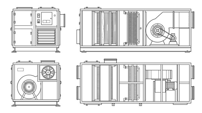 Air handling unit industrial ventilation system technical drawing blueprint with front side back and top views CAD line art vector illustration