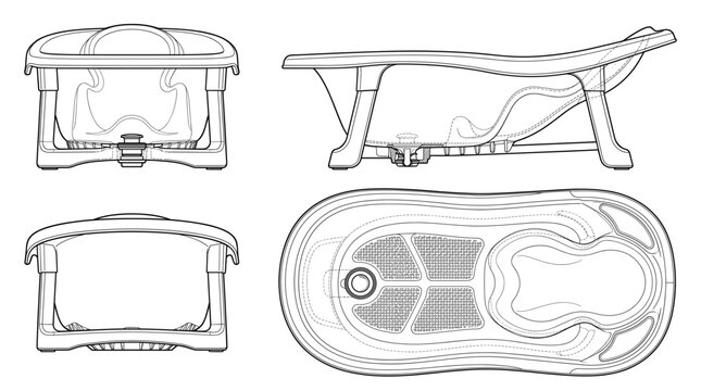 Baby bathtubs childcare equipment technical drawing blueprint with front side back and top views CAD line art vector illustration