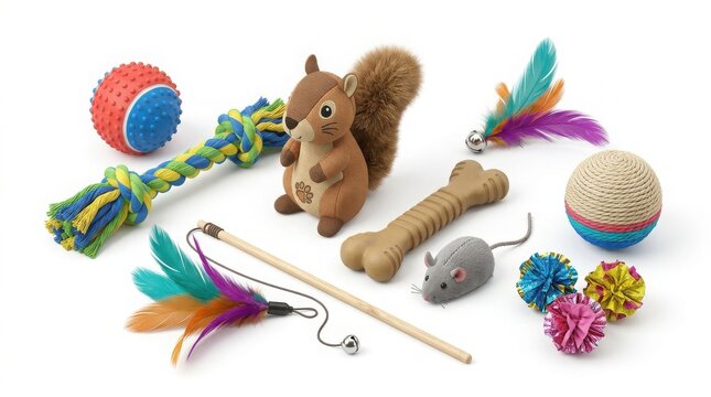 Colorful pet toys collection, assorted dog and cat accessories, plush squirrel and rubber bone with feather teasers and balls isolated on White Background
