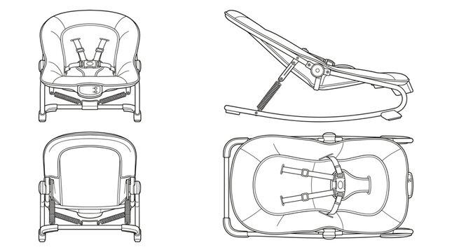 Baby bouncers childcare furniture technical drawing blueprint with front side back and side views CAD line art vector illustration