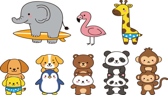 Cute safari animal cartoon collection vector illustration featuring elephant flamingo giraffe panda monkey penguin and playful wildlife characters