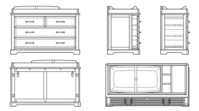 Baby dressers nursery furniture technical drawing blueprint with front side back and top views CAD line art vector illustration