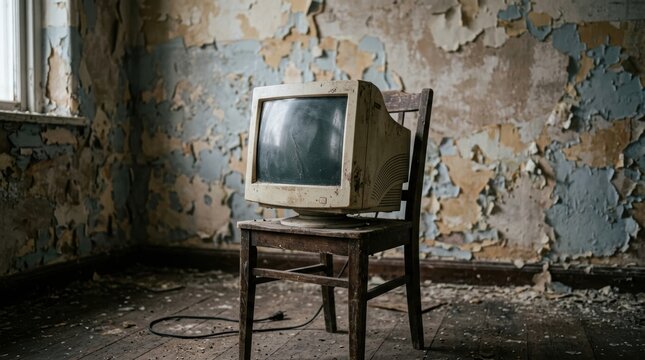 Old cathode ray tube computer monitor sitting on a rustic wooden chair in a derelict abandoned room. Symbol of outdated technology and forgotten digital era memories. Retro piece.