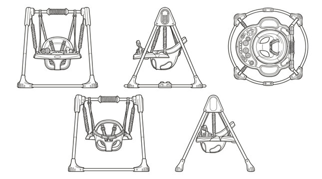 Baby jumpers childcare activity equipment technical drawing blueprint with front side back and side views CAD line art vector illustration