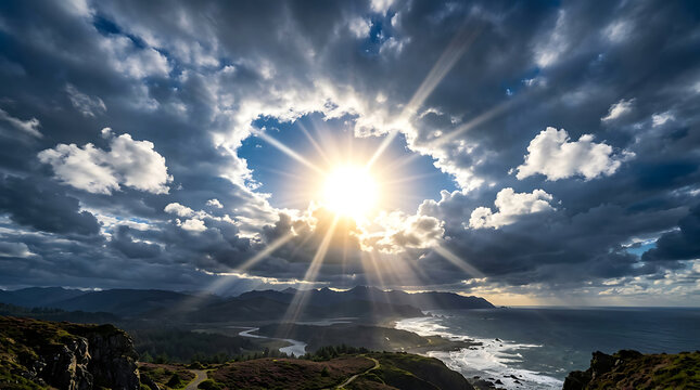 Dramatic sunburst breaking through dark storm clouds over a coastal landscape