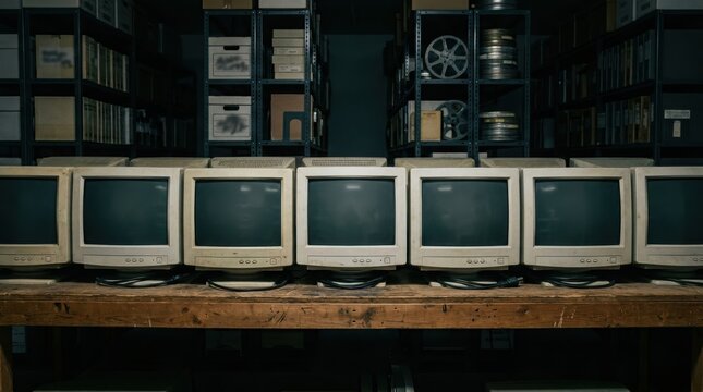 Row of old retro computer monitors on wooden desk in warehouse archive. Vintage technology hardware display for digital security and surveillance room monitoring. Data storage concept.