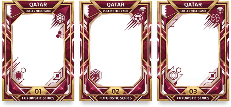 Set of three empty futuristic soccer collectible card templates with gold and maroon borders