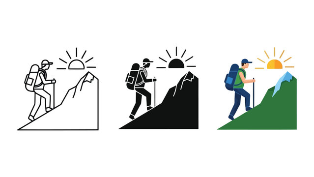 Hiker climbing mountain vector illustration set with line art and flat design styles