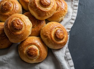Fototapeta premium Freshly baked golden brioche buns resting on a linen cloth over a dark stone surface