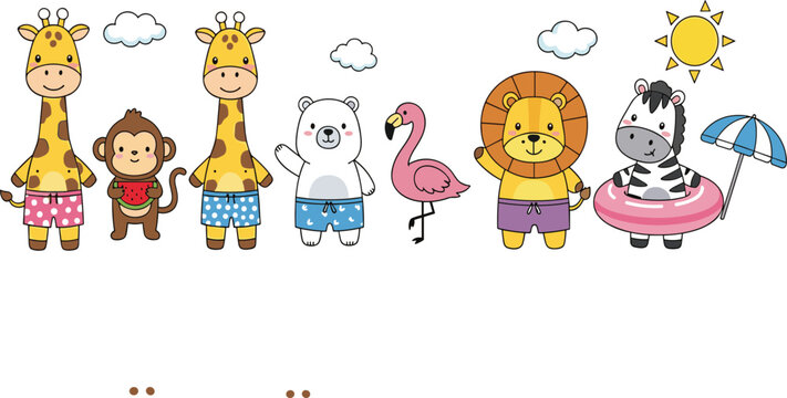 Cute summer animal cartoon collection vector illustration featuring giraffe monkey flamingo lion zebra and tropical vacation pool characters