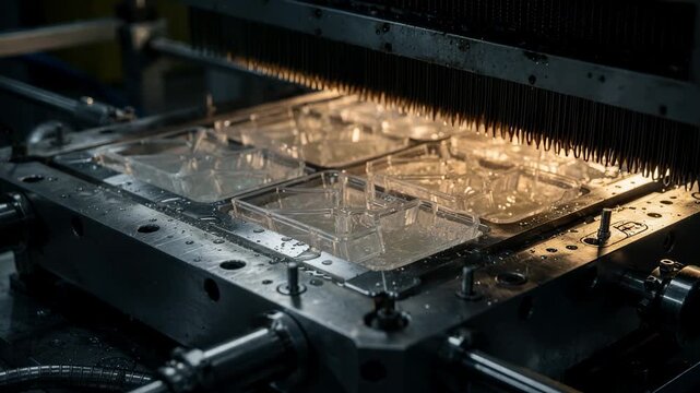 Footage of desktop plastic organizer creation through injection molding highlighting the design of multicavity molds and the rapid cooling of compact workspace organizers