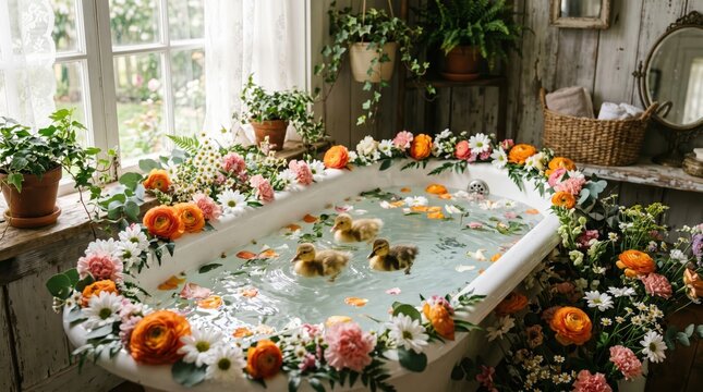 Rustic bathroom bathtub filled with water, floating flowers and three ducklings bathing. indoor country window light, potted plants and floral arrangement surrounding tub create cozy natural scene.