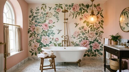 Fototapeta premium Freestanding clawfoot bathtub in a floral mural bathroom with brass fixtures, pendant light, marble floor, wooden stool and vanity, creating a romantic boutique spa atmosphere.