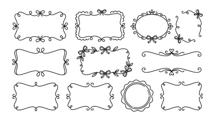 Hand drawn decorative frames and borders collection with bows and swirls black line art vector set for wedding invitations and stationery design © Artastic