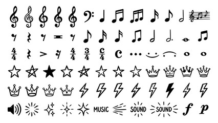 Obraz premium Hand drawn music notes stars crowns and lightning bolts doodle icon set for creative design and decoration