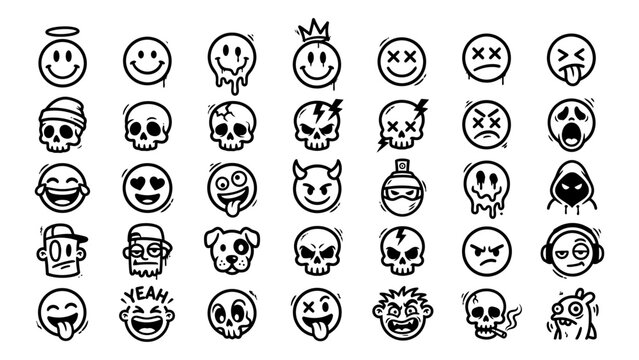 Graffiti style icon set with skulls and urban emojis black and white vector illustrations for street art and youth culture design