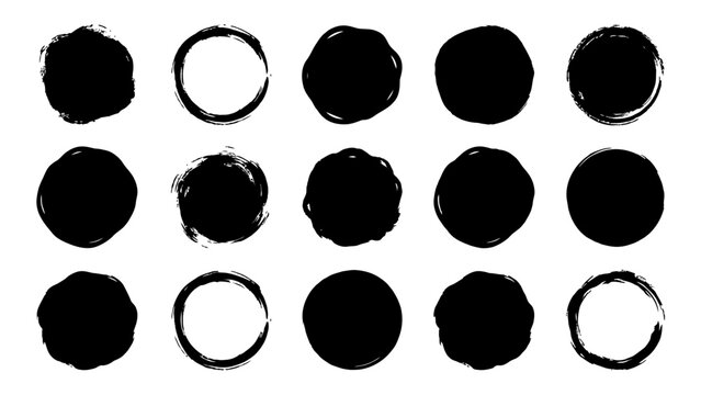 Black grunge brush stroke circles and ink blobs set for graphic design elements and artistic frames