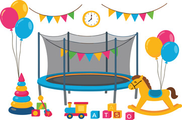 Obraz premium Kids playground toys and party decorations vector illustration featuring trampoline balloons rocking horse blocks and colorful childhood activity elements