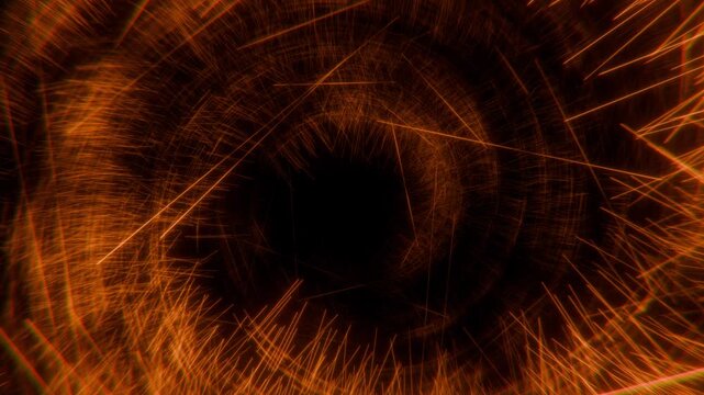 Looped background with abstract orange tunnel made of chaotic energy lines and warm light streaks. Detailed vortex corridor animation with geometric patterns glow in the dark. Seamless loop 4K 60fps