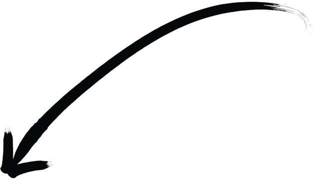 Painted black arrow pointing downwards to left side  curved line  hand drawn  abstract graphic element  simple design