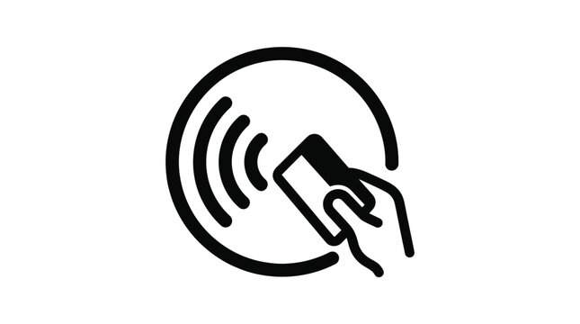 Simple black icon showing a hand using a contactless credit card for secure digital payment transactions