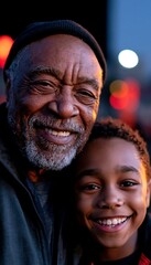 Fototapeta premium Grandparent Smiling With Child at Night with Red and Yellow Accents