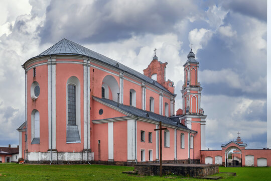 St Peter and Paul church back view in Boruny, Belarus. Apside of the historic Vilnian baroque temple under cloudy sky