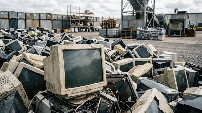 Pile of old discarded computer monitors at a recycling plant. Electronic waste dump with broken cathode ray tube screens. Environmental pollution and obsolete technology disposal concept.