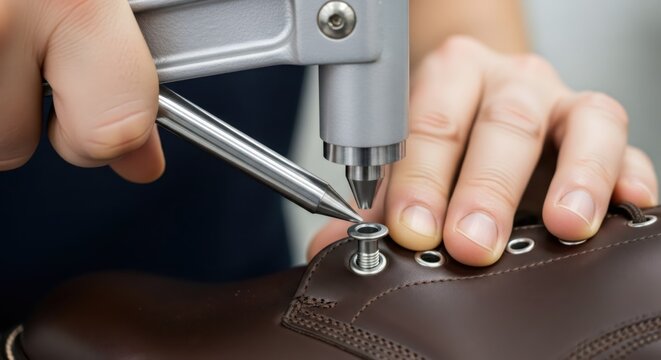 Shoemaker using a manual eyelet setter to attach metal grommets to a brown leather shoe. Artisan hand crafting professional footwear in a workshop. Leather goods repair and manufacturing.