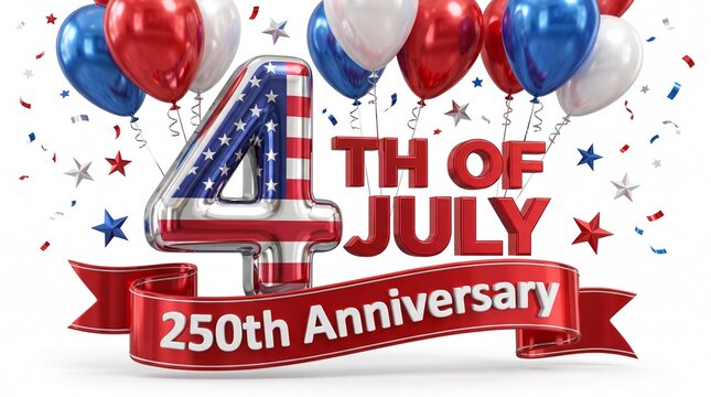 4th of July 250th Anniversary celebration banner, patriotic American Independence Day 3D lettering, red white and blue balloons with festive confetti