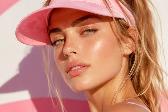 A young woman stands with a pink visor on her head and a clear expression. Bright colors surround her, and sunlight creates a warm atmosphere. She appears happy and confident.