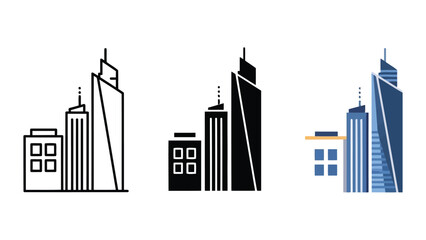Obraz premium City skyline building icons in line art silhouette and flat vector illustration styles