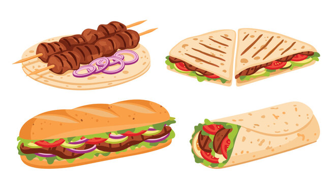 Selection of middle eastern fast food including grilled kebabs, sandwiches, and wraps with fresh salad ingredients.